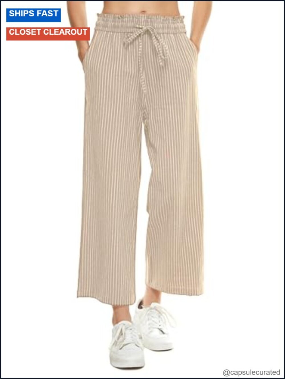 Linen Cotton Wide Leg High Waisted Drawstring Capri Pants with Pockets